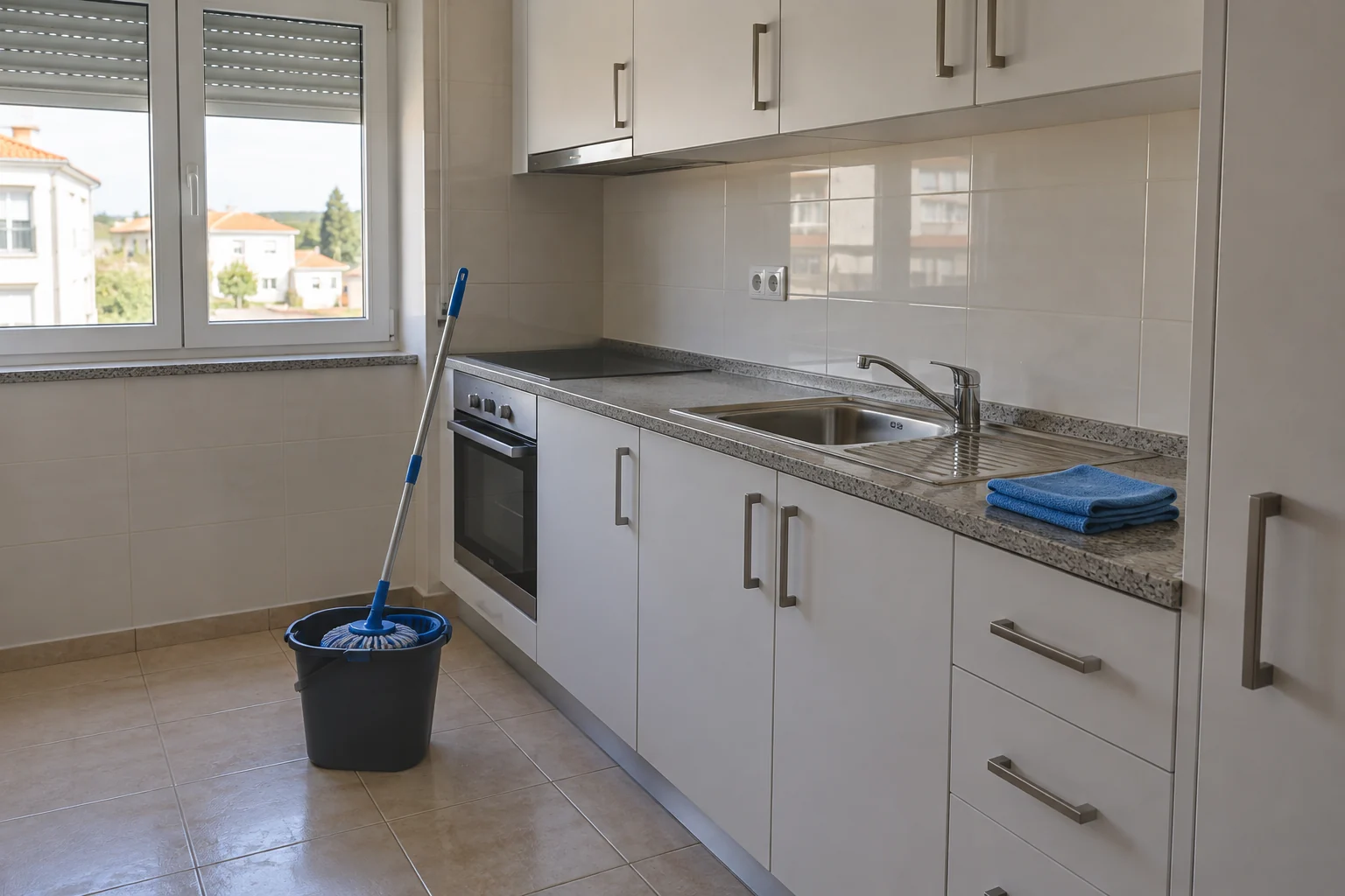 Cozinha comum após remodelação, com utensílios de limpeza
